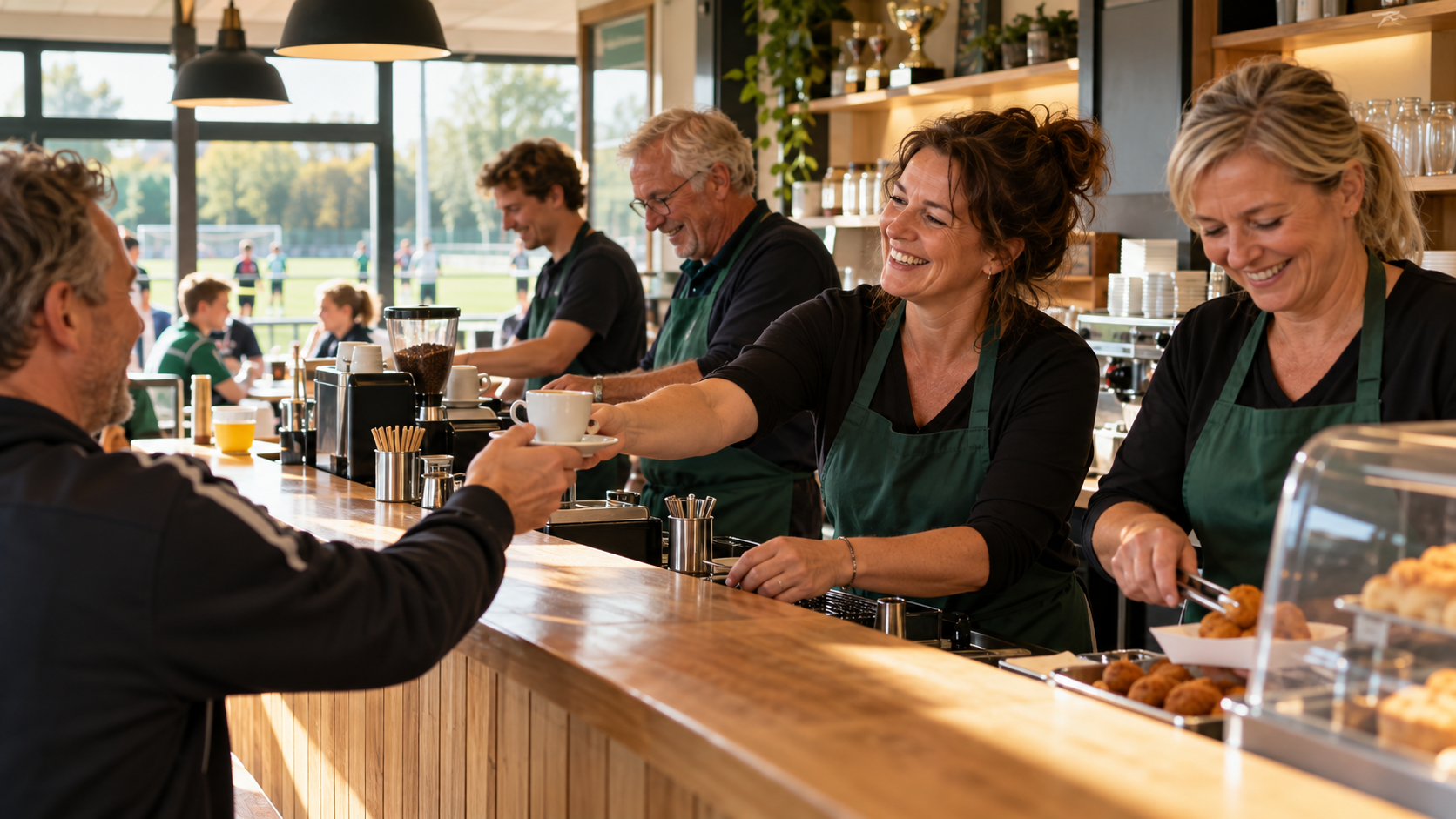 Vrijwilligers werken samen in een sportkantine